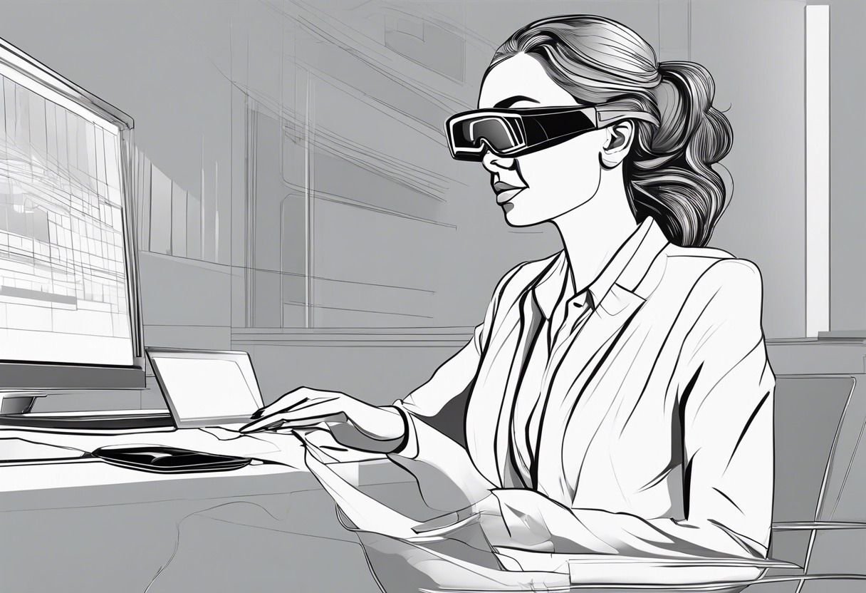 a businesswoman exploring a virtual landscape on her vuzix blade glasses