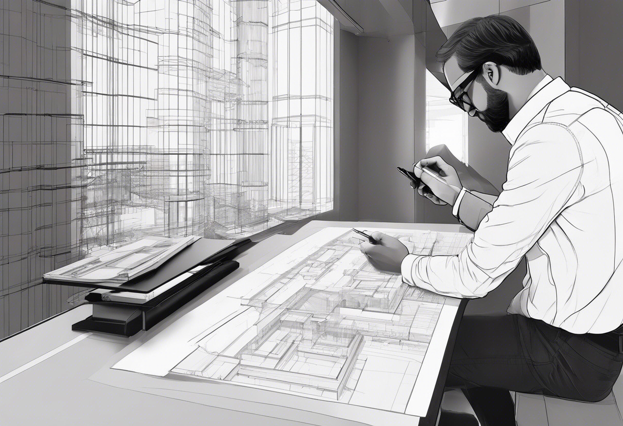 A civil engineer meticulously analyzing building blueprints, working with Leica BLK360 to visualize the 3D design
