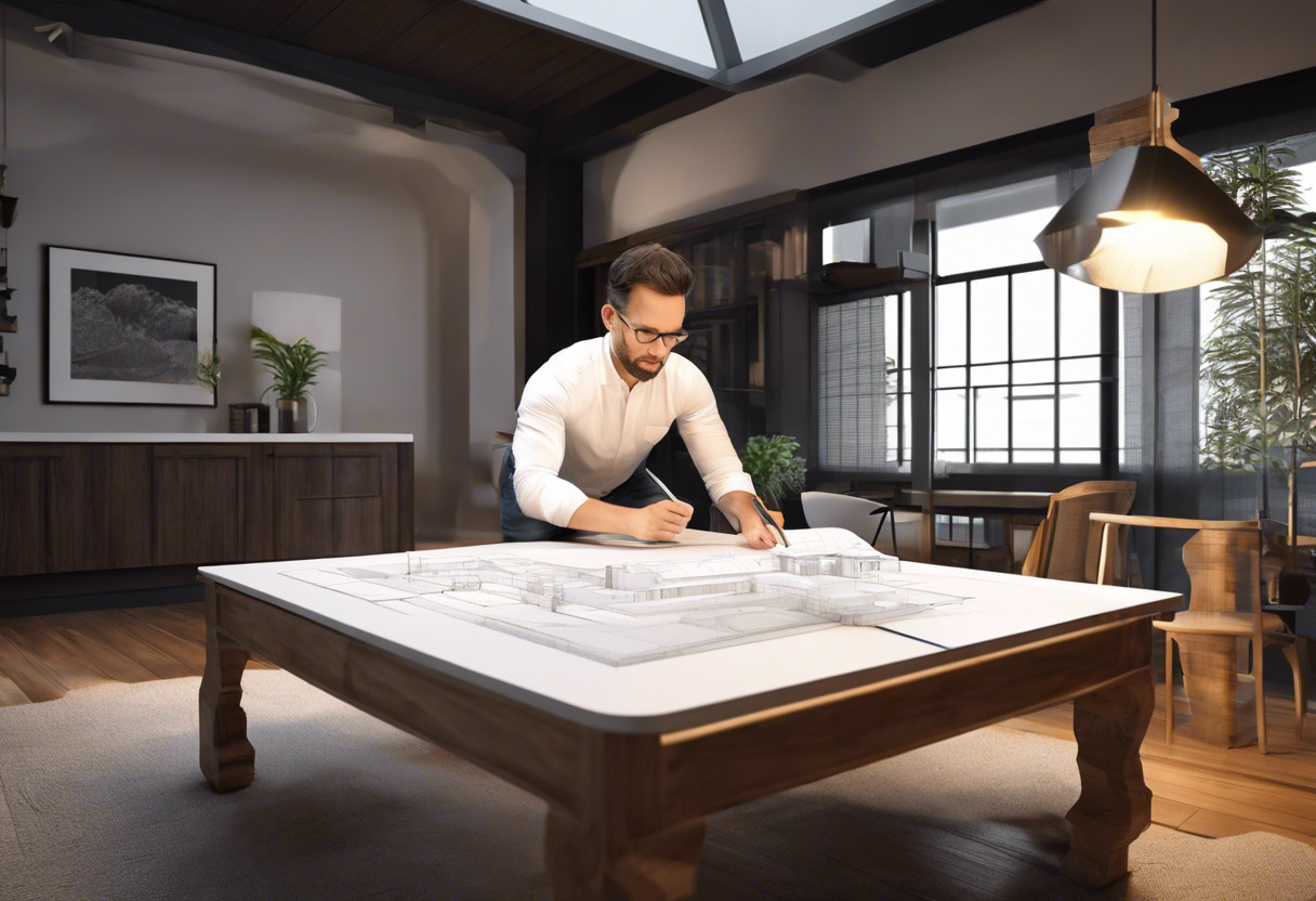 A concentrated architect sketching a complex 3D model on SketchUp.