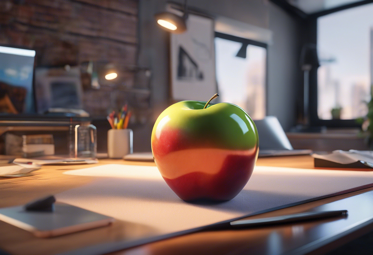 a creative artist using Apple Vision Pro for generating high-resolution 3D content in a vibrant, artistic workspace.