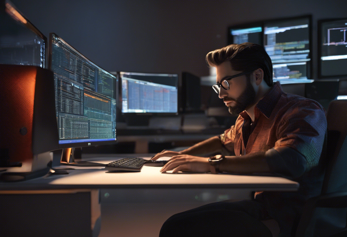 A dedicated Java programmer, deeply engrossed in an array of codes on multiple monitors