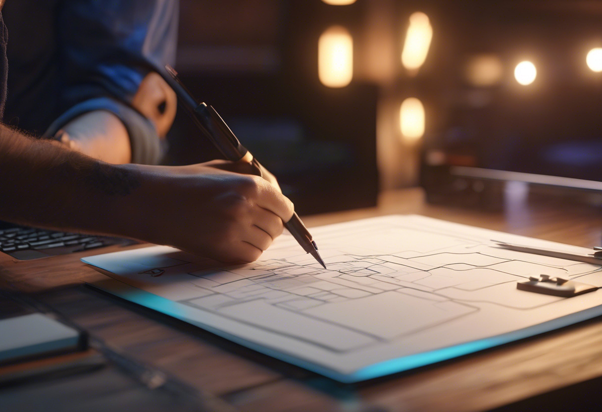 A design-minded developer visualizing a game layout on a digital sketchpad
