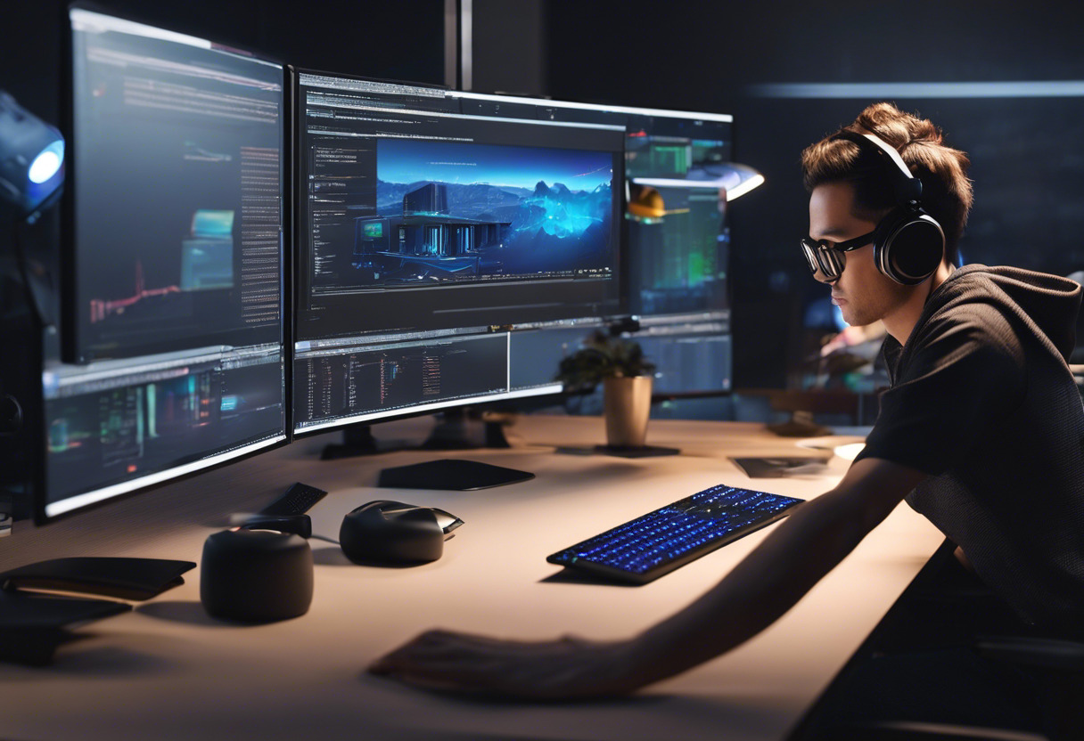 A developer coding on multiple screens with an AR headset on desk