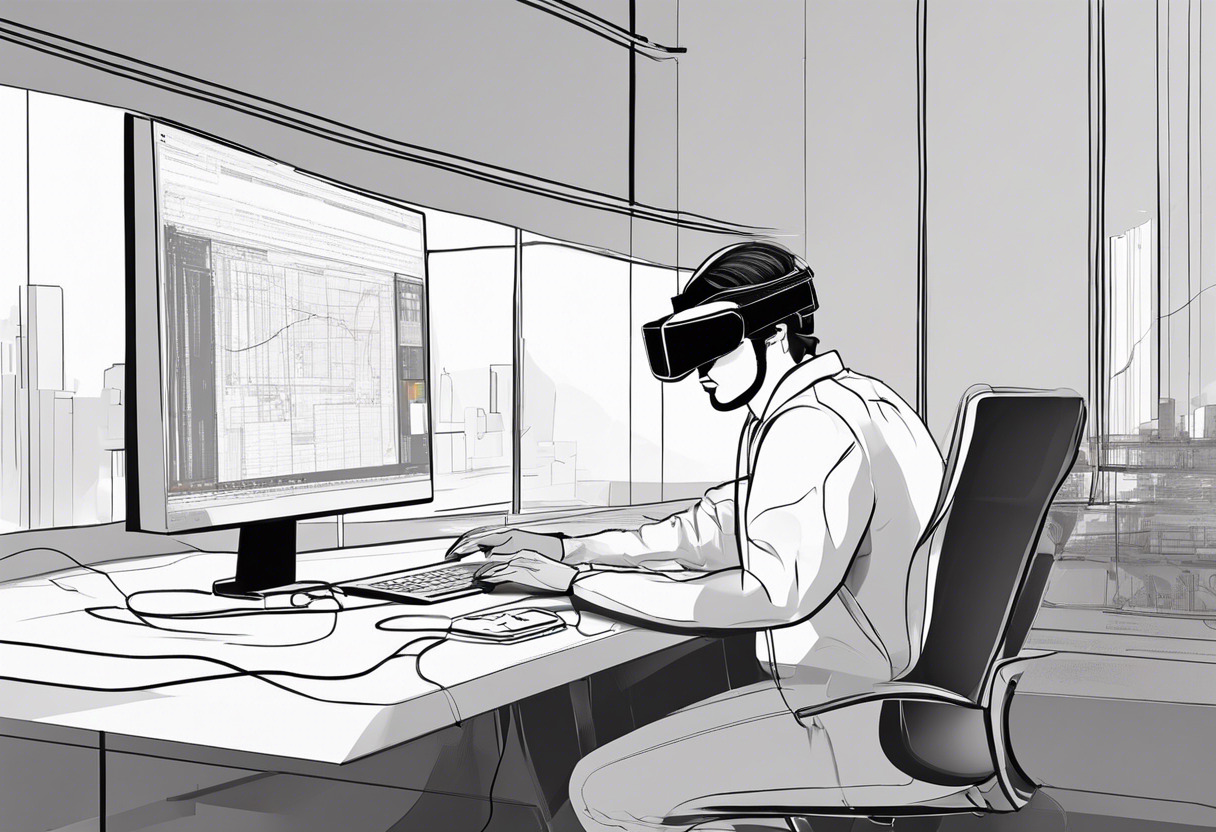 A developer, engrossed in coding on a high-tech workstation, equipped with Meta Quest 2 VR headset.