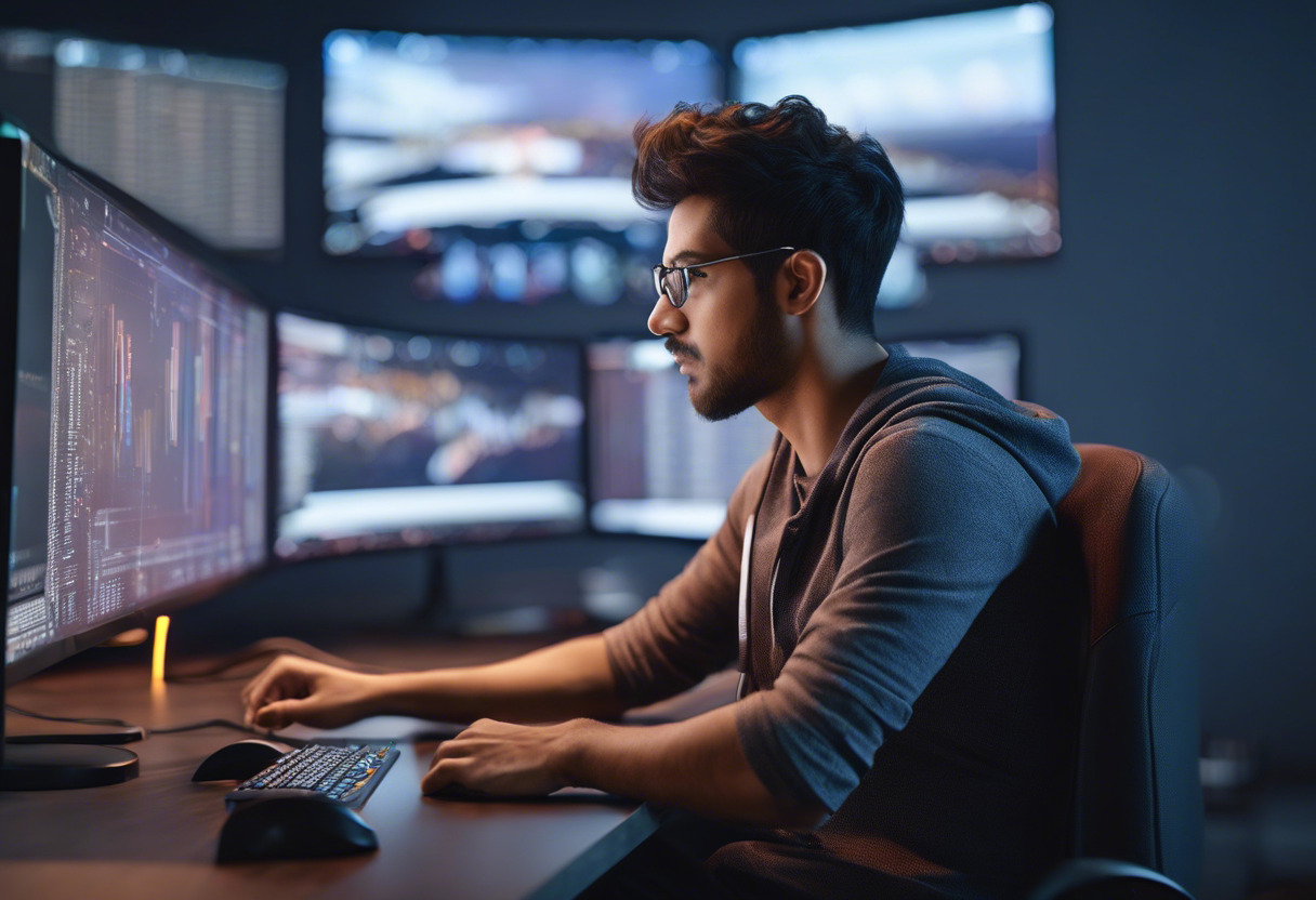 A developer, engrossed in coding, sitting in front large dual monitors displaying Unreal Engine Interface