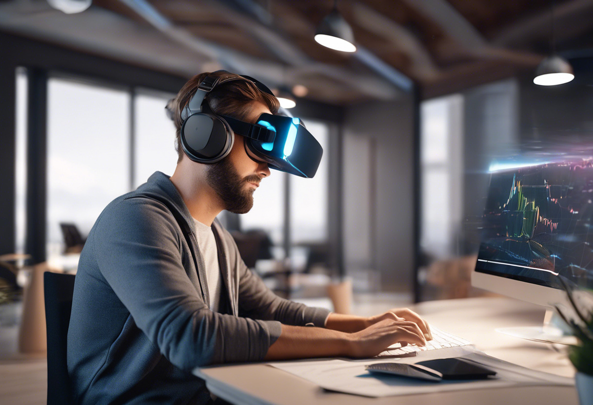 A developer in casual wear engrossed in coding a budget-friendly AR/VR experience using Metashape