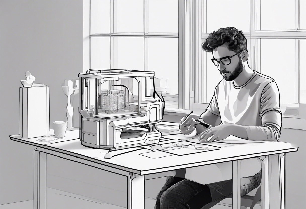 A DIY hobbyist joyfully examining his 3D printed model designed on Tinkercad