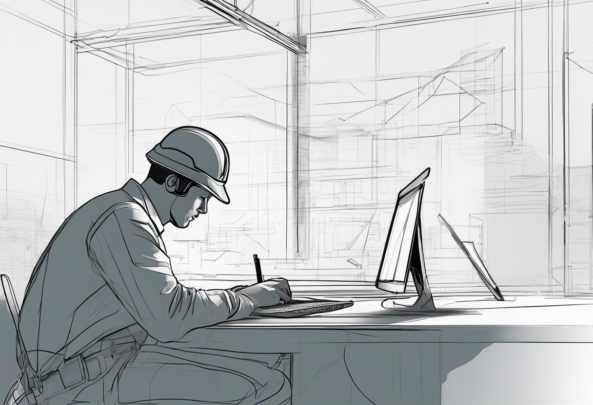 A focused architect scribbling on blueprints, his construction helmet, and HoloBuilder’s interface visible on the computer screen.