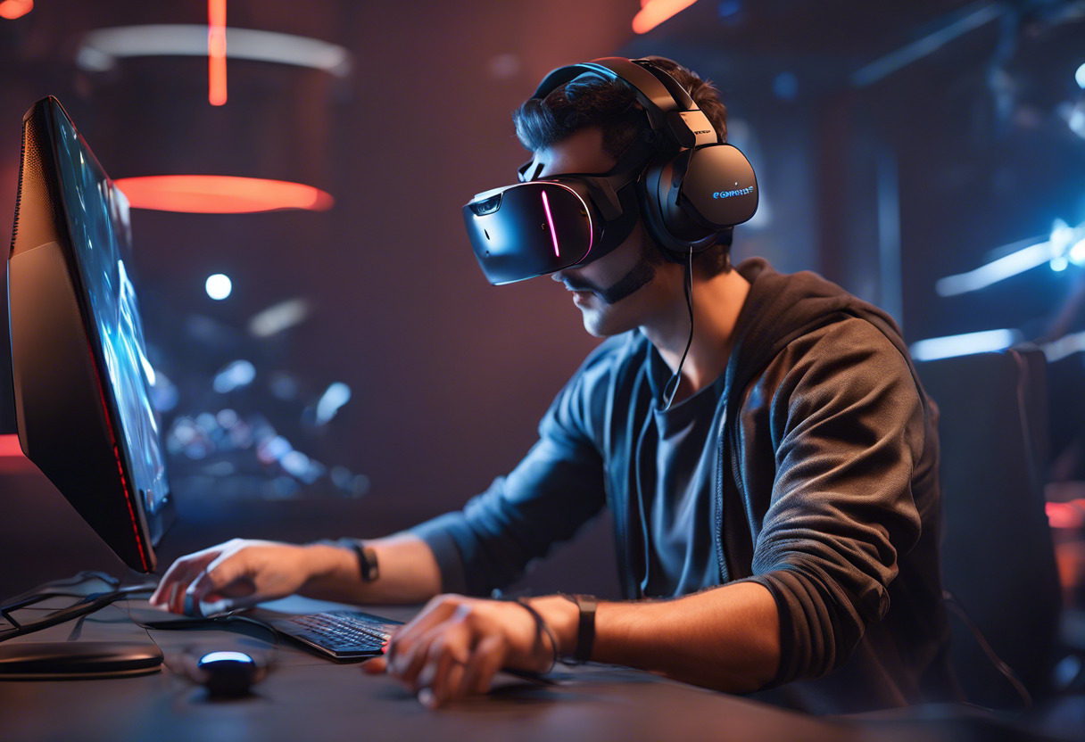 A focused gamer, engrossed in a dynamic VR environment accentuated by the powerful Valve Index headset.