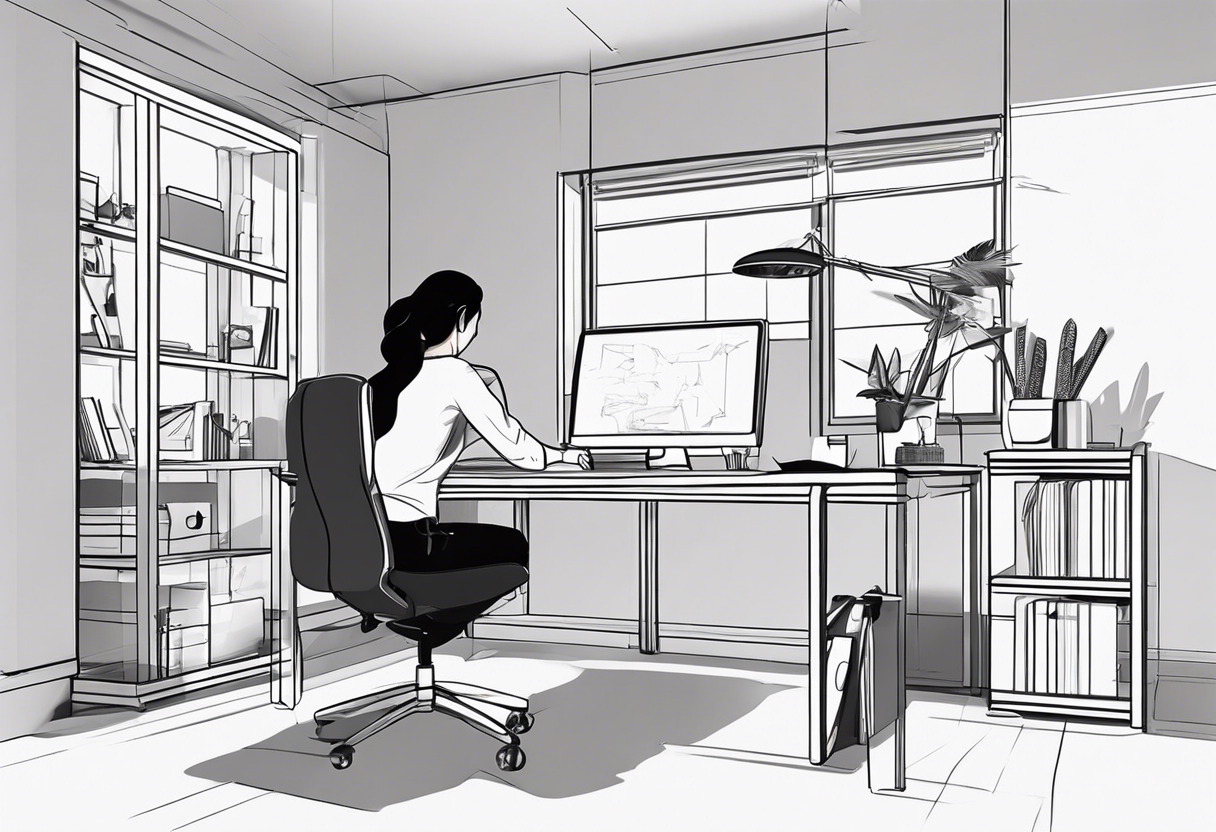 A freelance 3D artist working diligently using Blender in a home office setting surrounded by budget-friendly equipment.