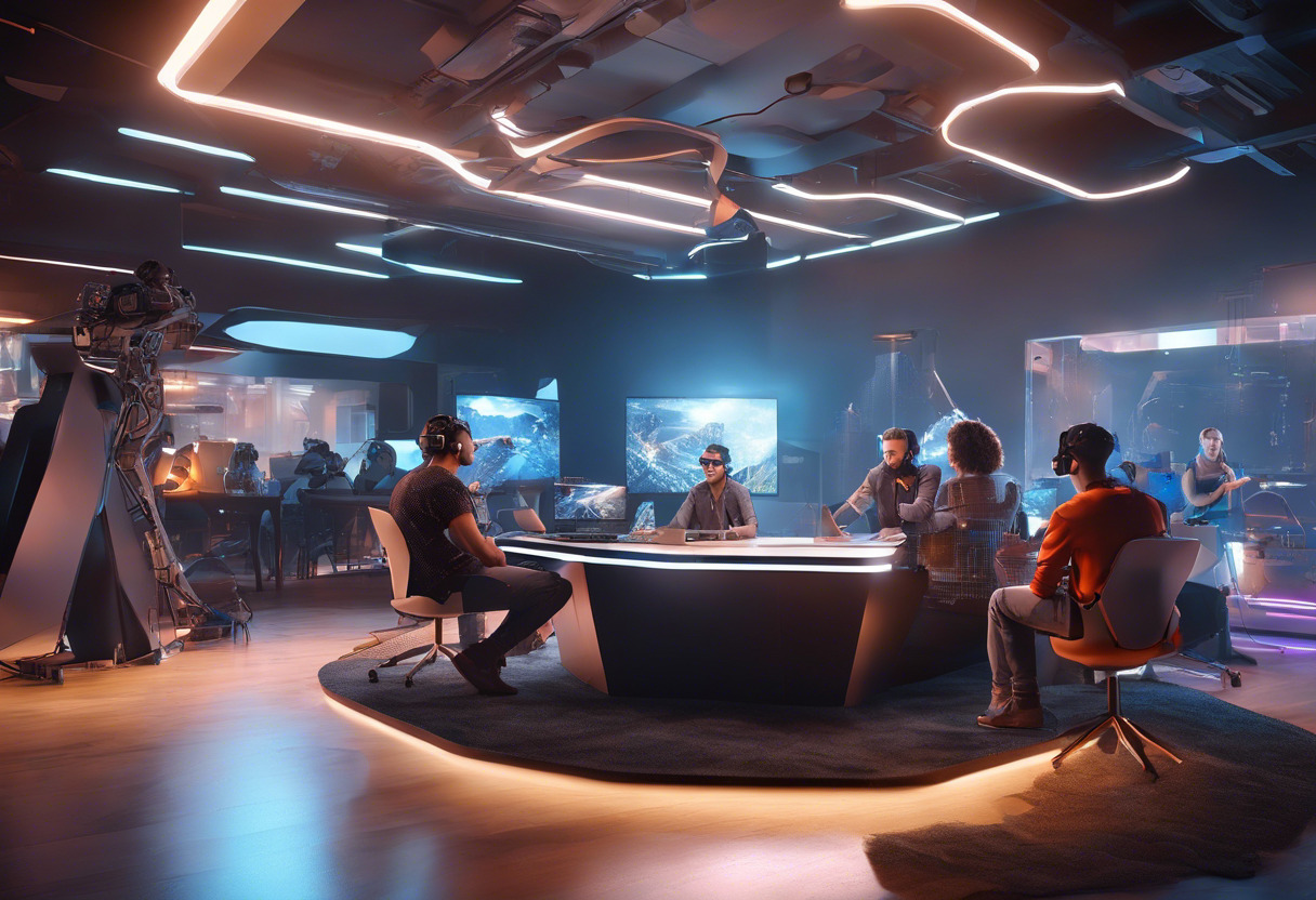 A futuristic image of gamers and developers brainstorming on an upcoming AR/VR game