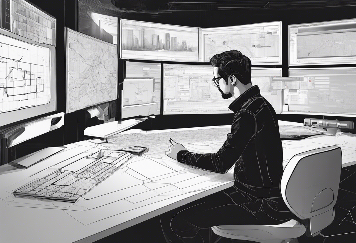 A game developer engrossed in ideation, surrounded by multiple screens displaying code and 3D simulations, leveraging the capabilities of Leica BLK360