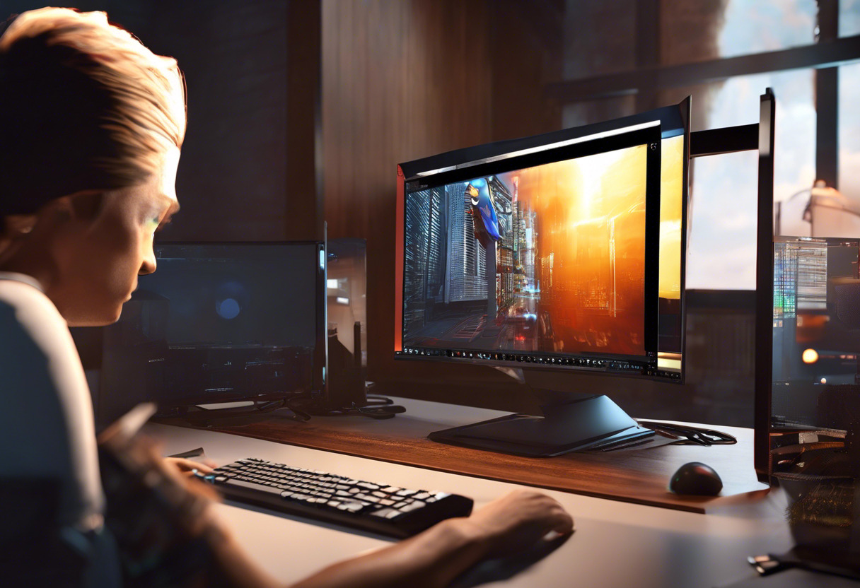 A game developer working on advanced graphics on a desktop computer