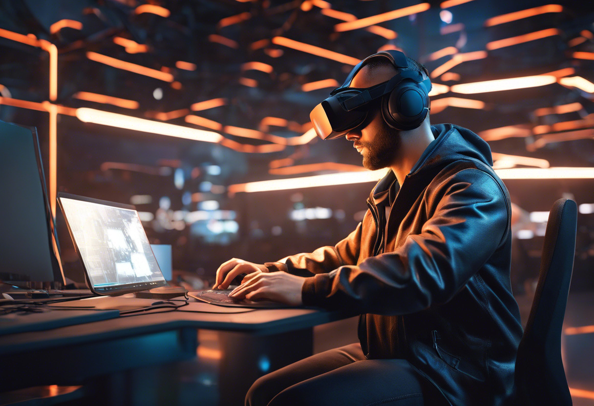 A game developer working on complex coding for a virtual reality game in a high-tech environment.