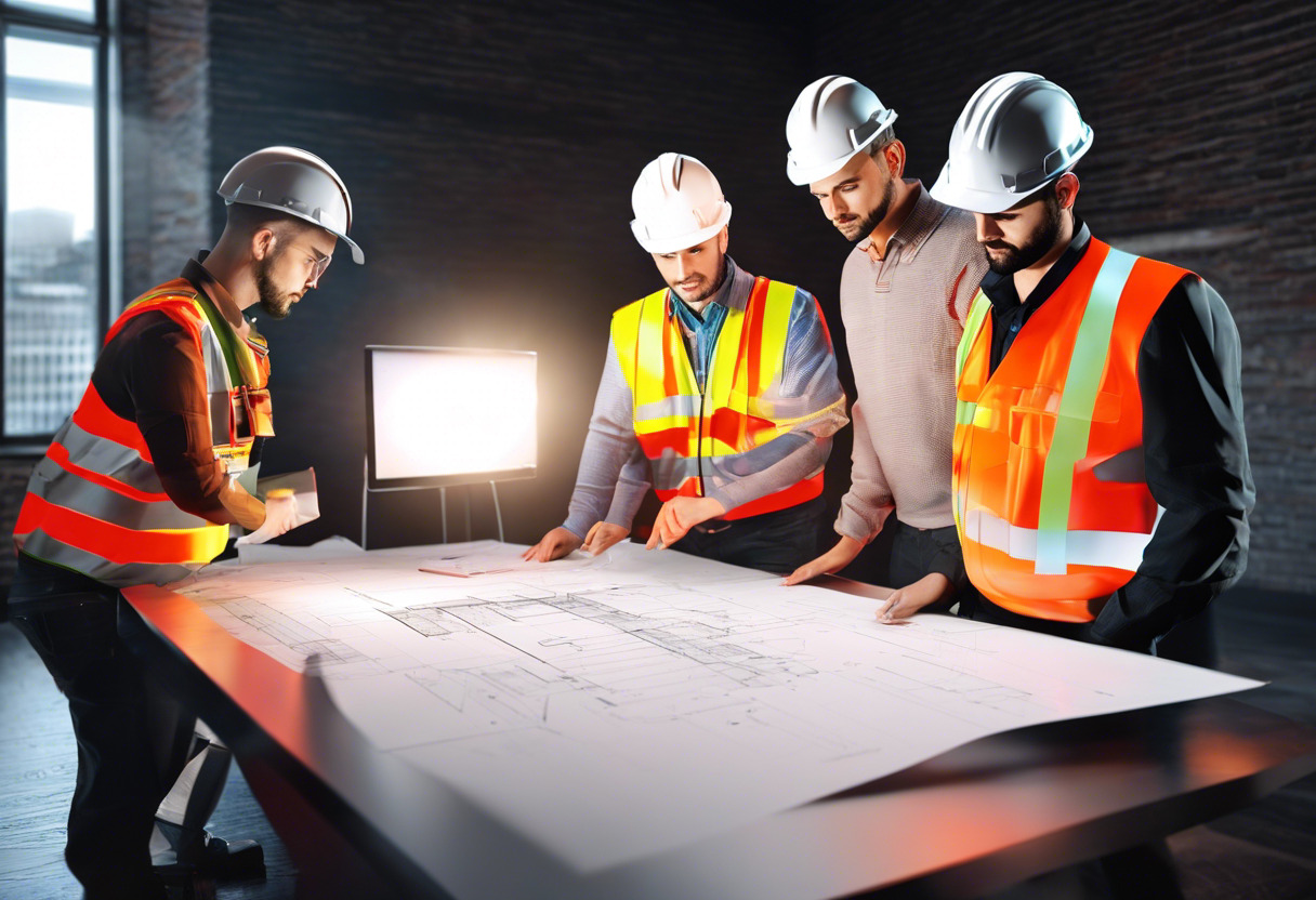 A group of professionals discussing a design on AutoCAD