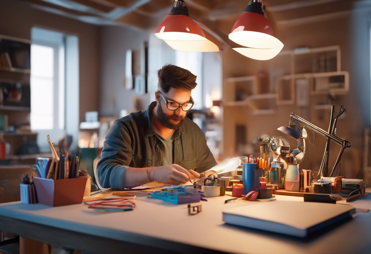 a hobbyist at their desk, crafting 3D models with Tinkercad