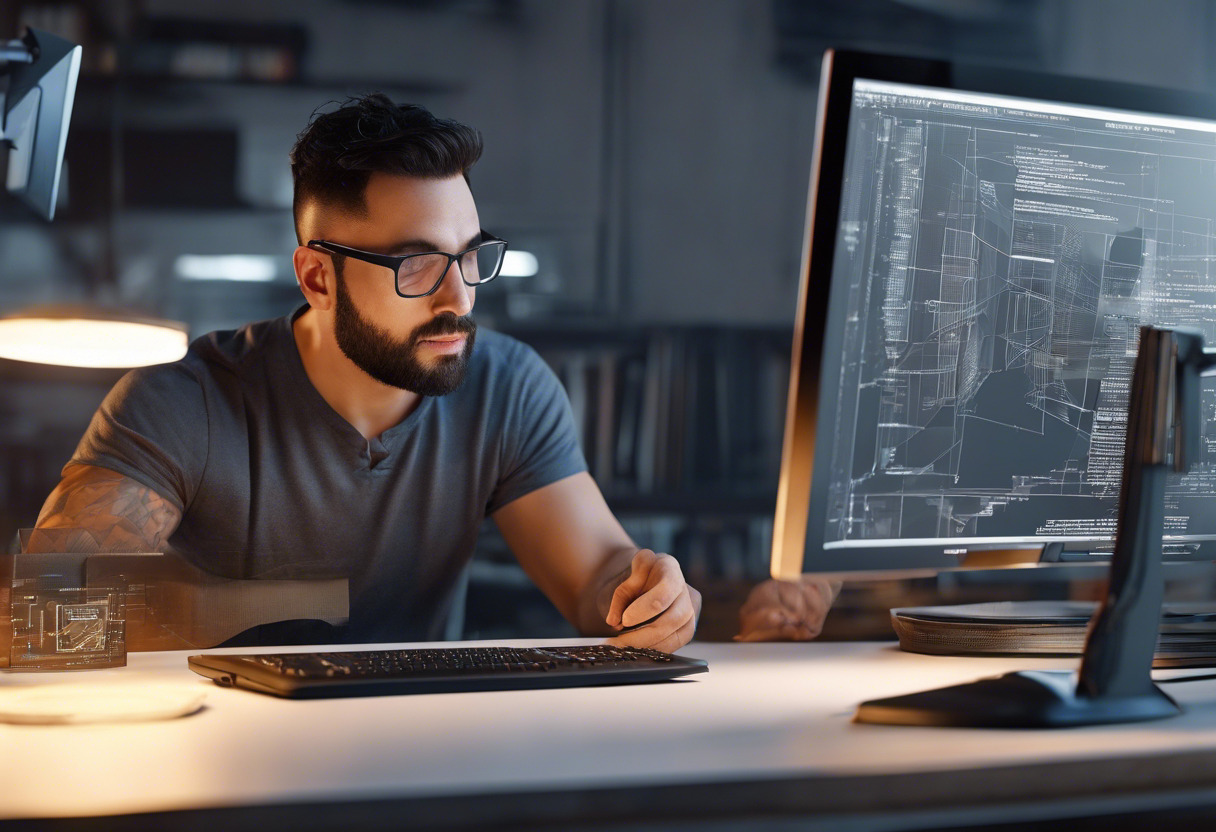 A meticulous developer scanning through fine details of 3D structure on his computer screen.