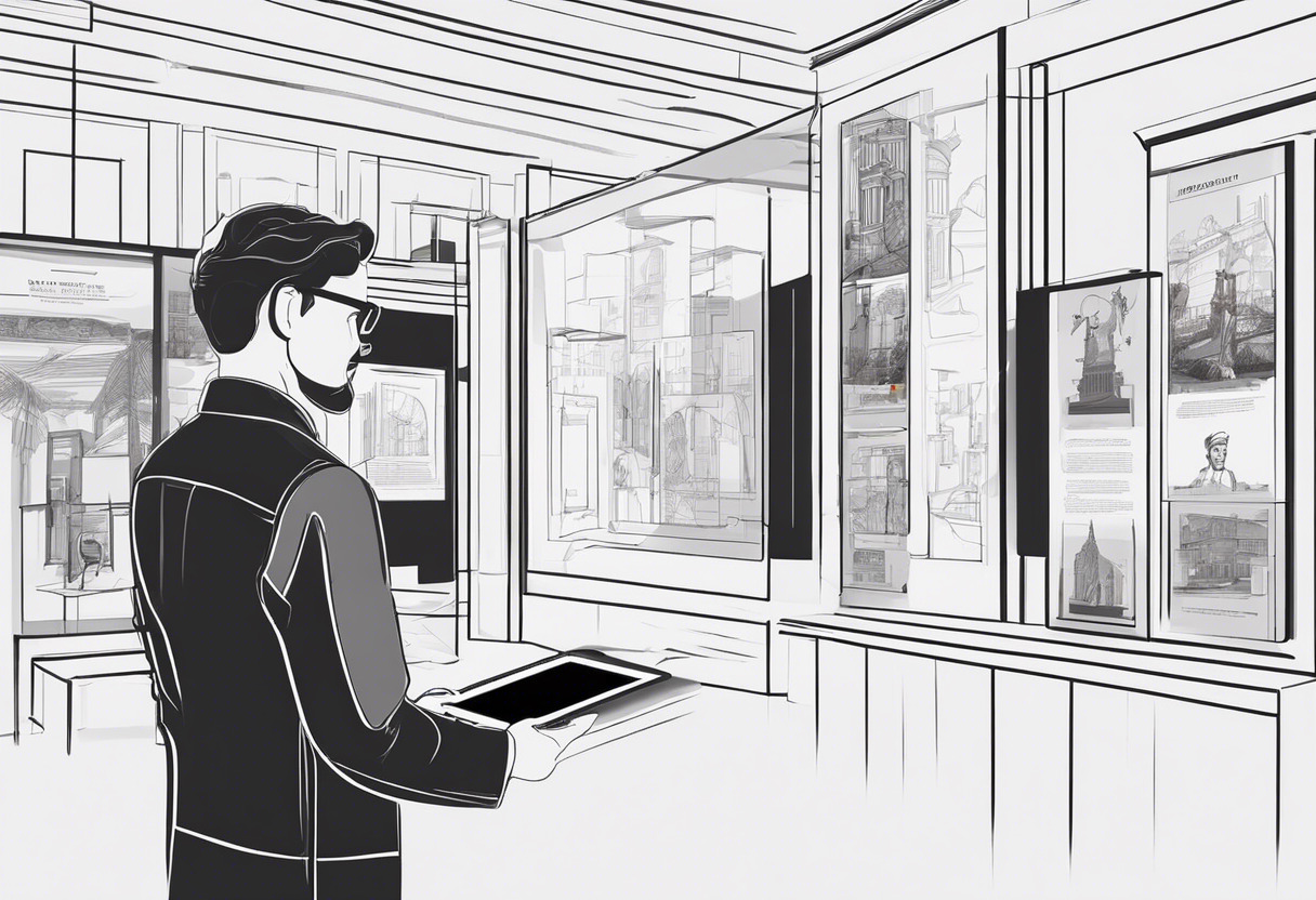 A museum curator, using an AR-app-enabled tablet to overlay historical facts and figures across various exhibits, enhancing visitor's learning experience.