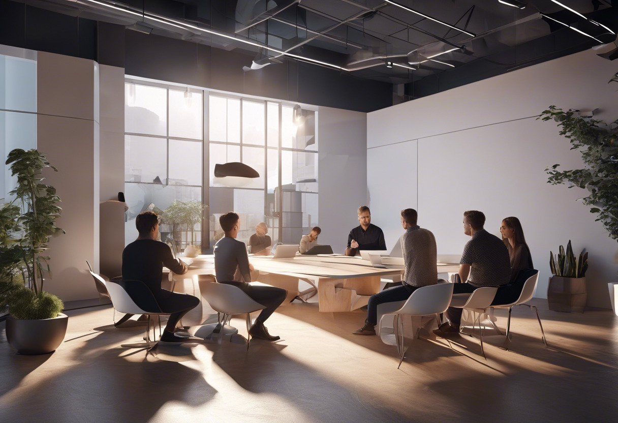 A nimble start-up team brainstorming, huddled around a virtual environment prototype