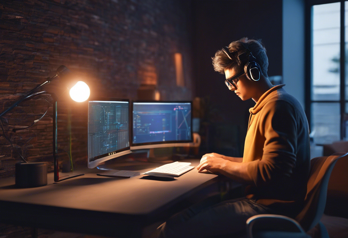 A novice game developer engrossed in coding on the Godot game engine in a dimly lit room