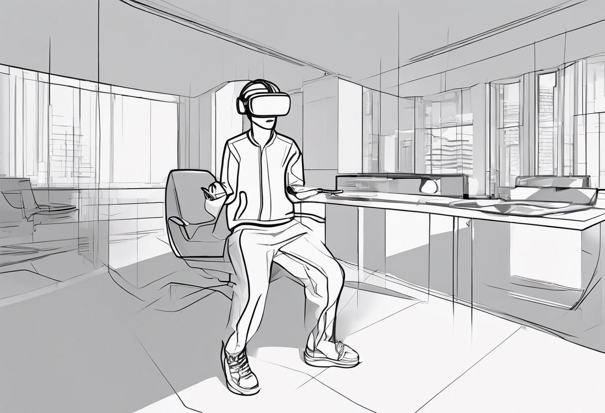 A person wearing a futuristic VR headset and interacting in a virtual environment, signifying the pioneering spirit of AR/VR developers.