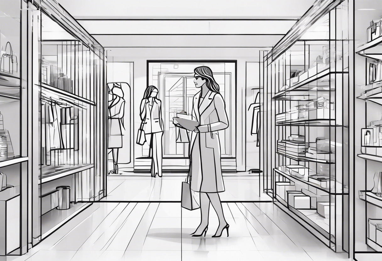A professional woman in retail, looking at a consumer product with AR visuals, enhancing the shopping experience in the changing room of future.