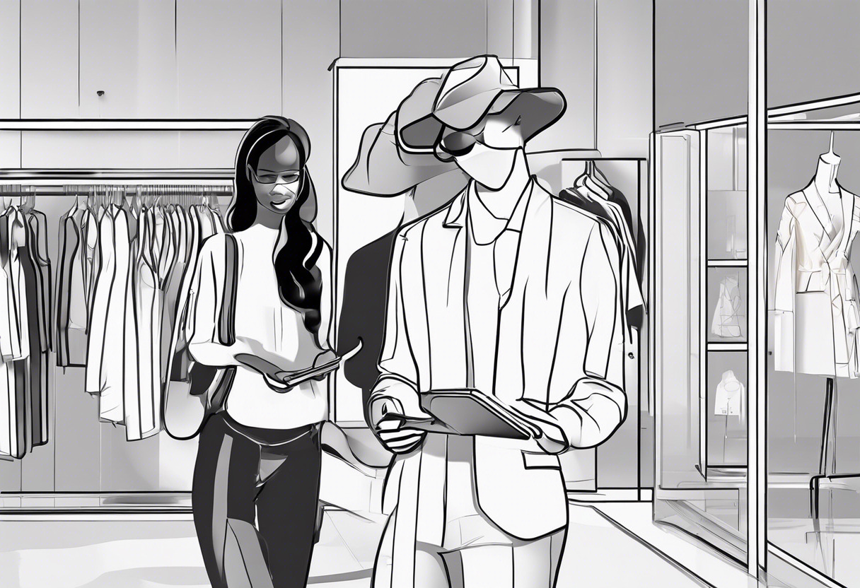 A retail marketer using AR technology on their tablet, enabling a virtual try-on of a fashionable outfit in a store, attracting curious onlookers.