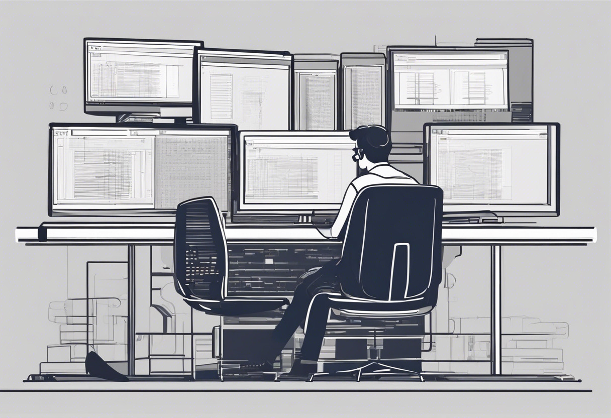 A serious-minded developer, typing codes on multiple screens in a tech firm