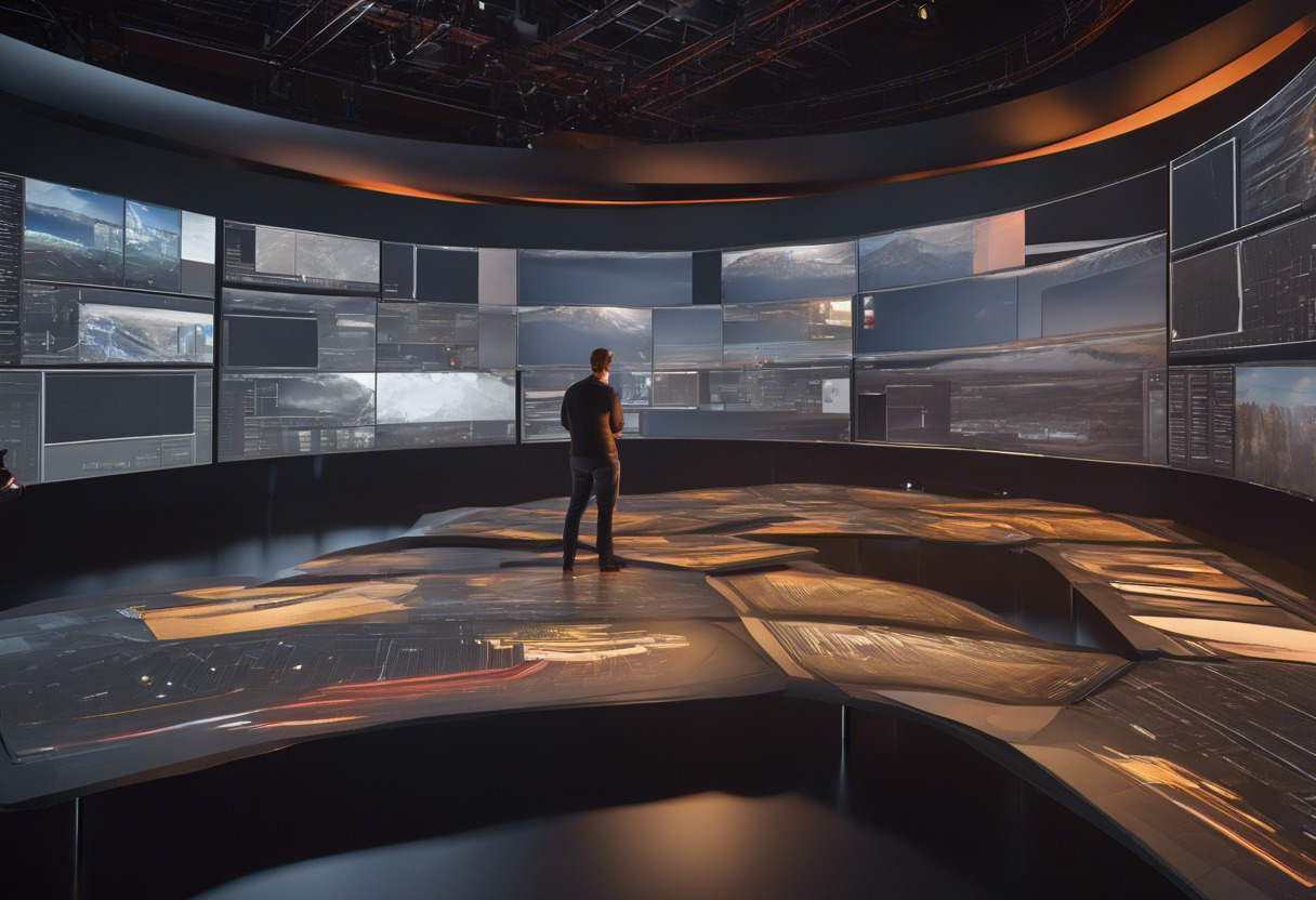 A showrunner exploring different layers on Watchout software on multiple screens, mapping a stage layout
