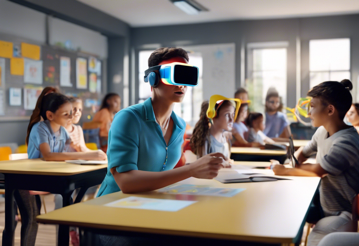 A teacher using an AR headset in a classroom, with excited students around watching an augmented reality simulation