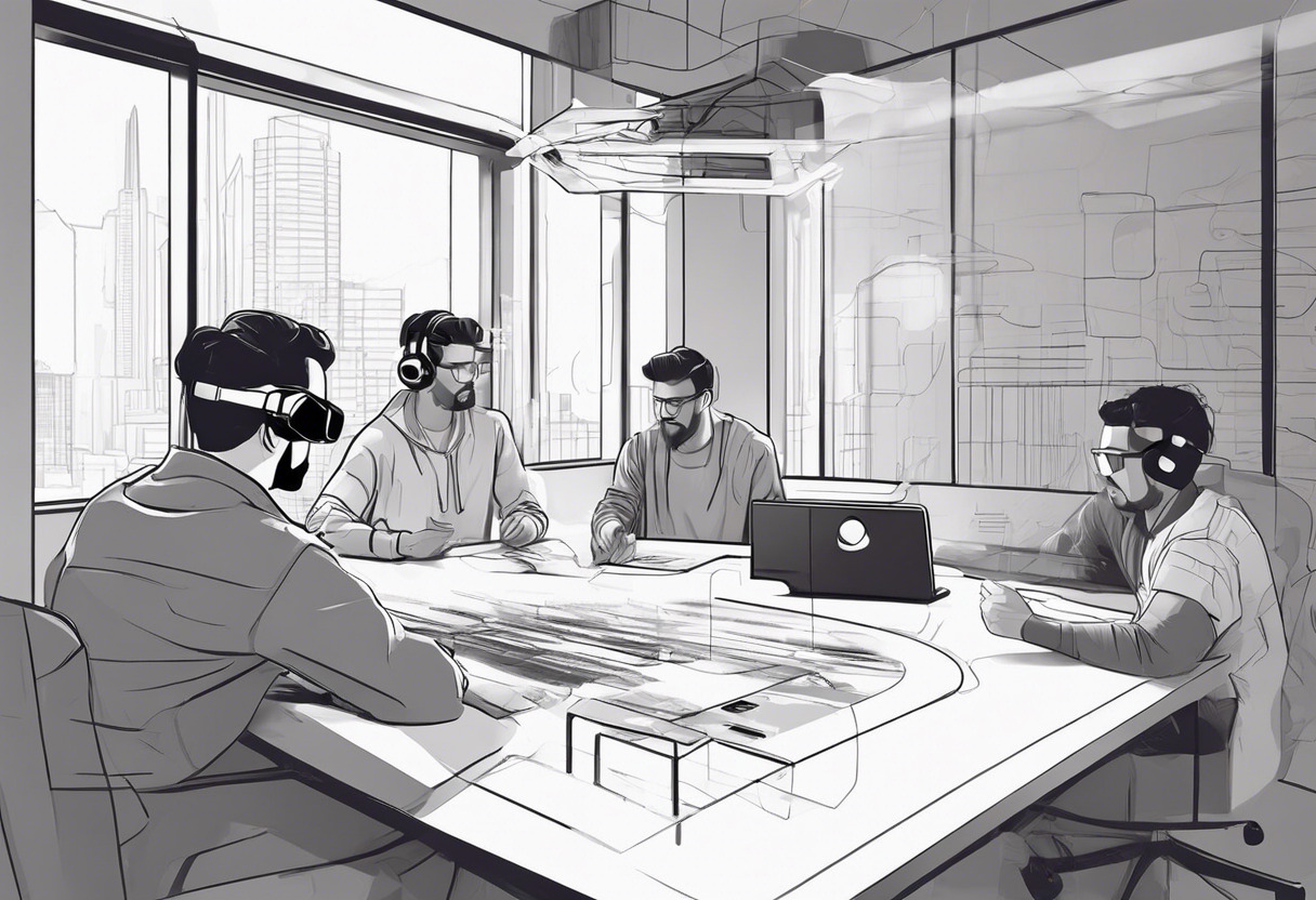 A team of AR/VR developers brainstorming over a high-tech console