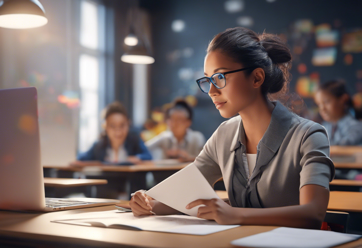 A tech-savvy educator meticulously planning an engaging and interactive AR-enhanced curriculum in a technologically equipped classroom.