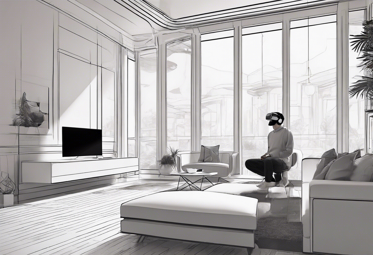 A tech-savvy individual using Cosmos Elite VR headset at a spacious home setup.