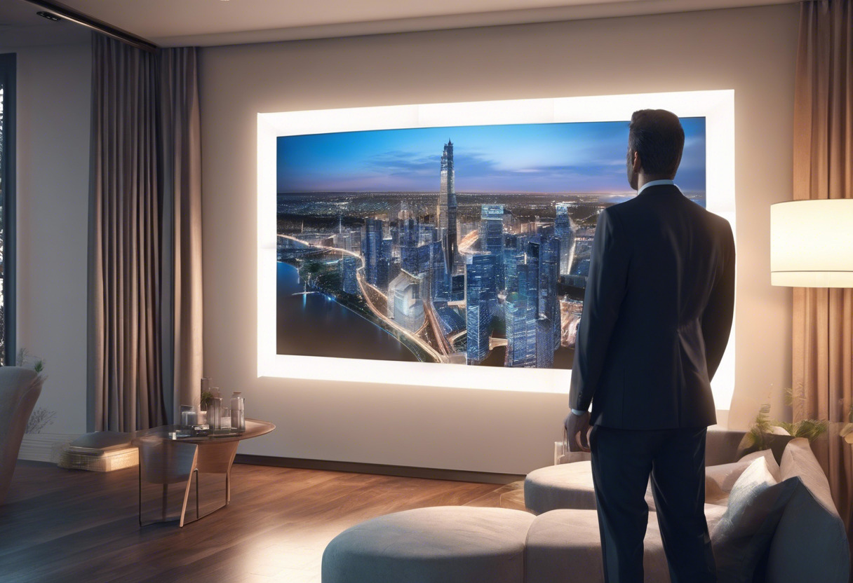 A tech-savvy real estate agent observing a virtual tour on a digital screen.