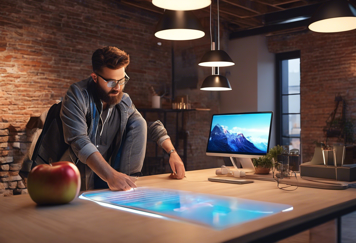 a technology enthusiast interacting with AR models through Apple Vision Pro in a trendy tech loft.