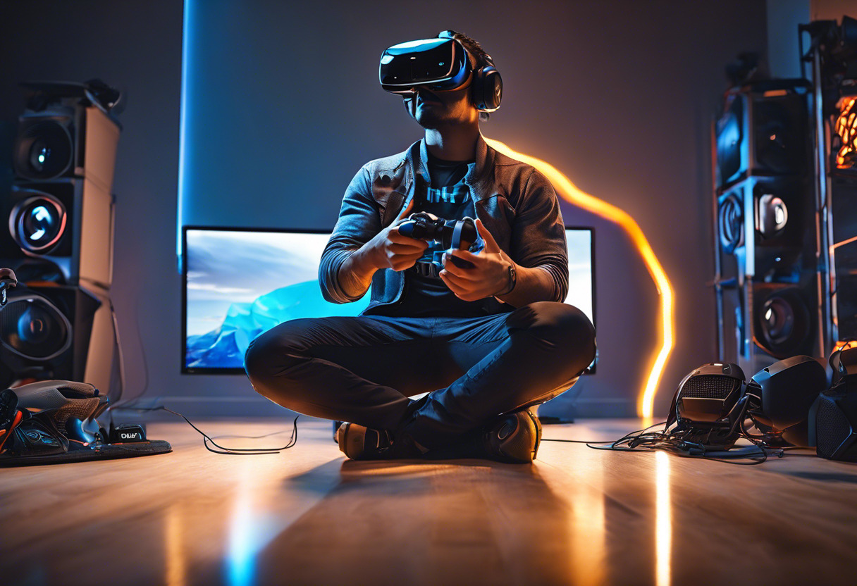 A virtual reality enthusiast immersed in an intense gaming session equipped with HTC Vive Pro at a modern gaming setup.
