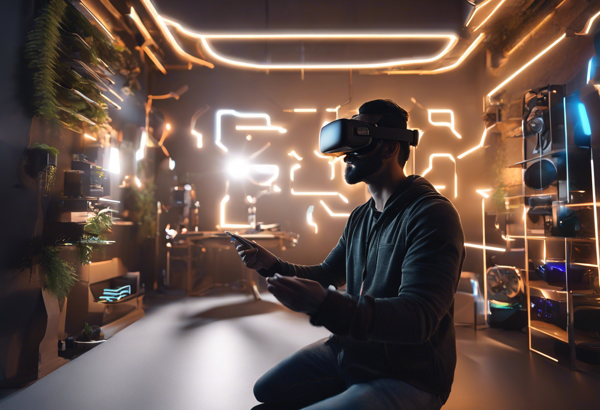 A VR creator tweaking complex models in an immersive environment with the Meta Quest Pro