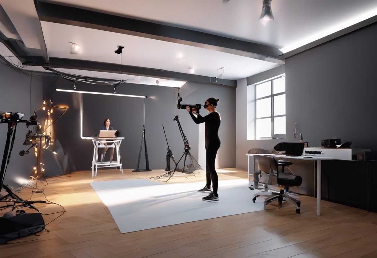 A VR creator using motion capture technology in a spacious studio with marker-clad performers.