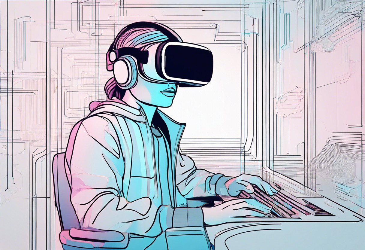 A VR creator wearing virtual reality glasses and working on a futuristic holographic interface