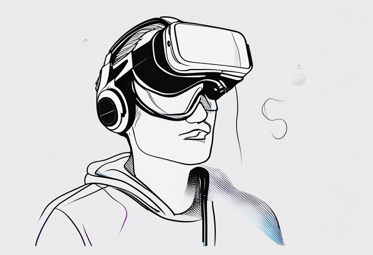 A VR developer wearing a VR headset and developing a new immersive experience using Unity 3D software.