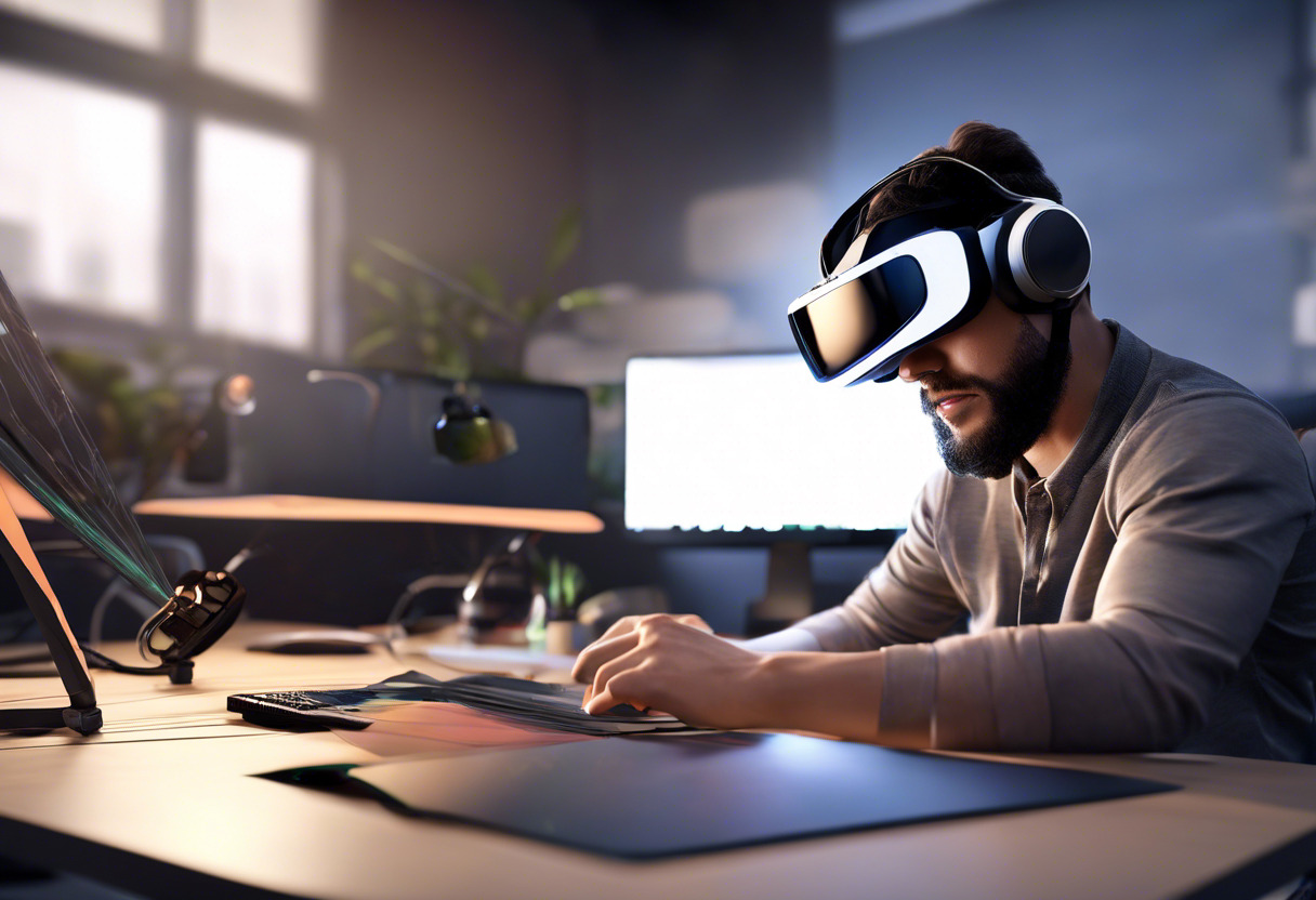 A VR game developer designing a virtual reality game using the Stride game engine, with virtual reality goggles on a desk beside him