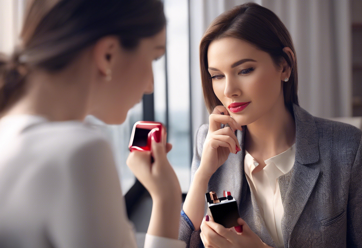 A woman using AR app on her smartphone to see how a lipstick shade would look on her