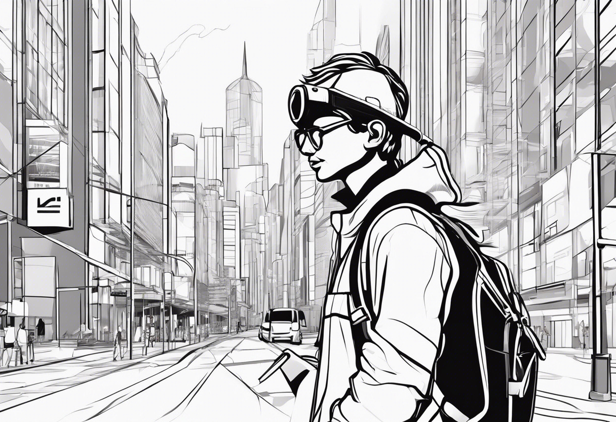 a young traveler exploring city streets with AR glasses