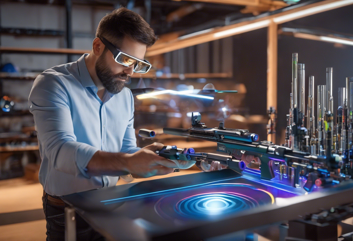 An AR creator intensely viewing cylindrical-shaped targets via AR glasses