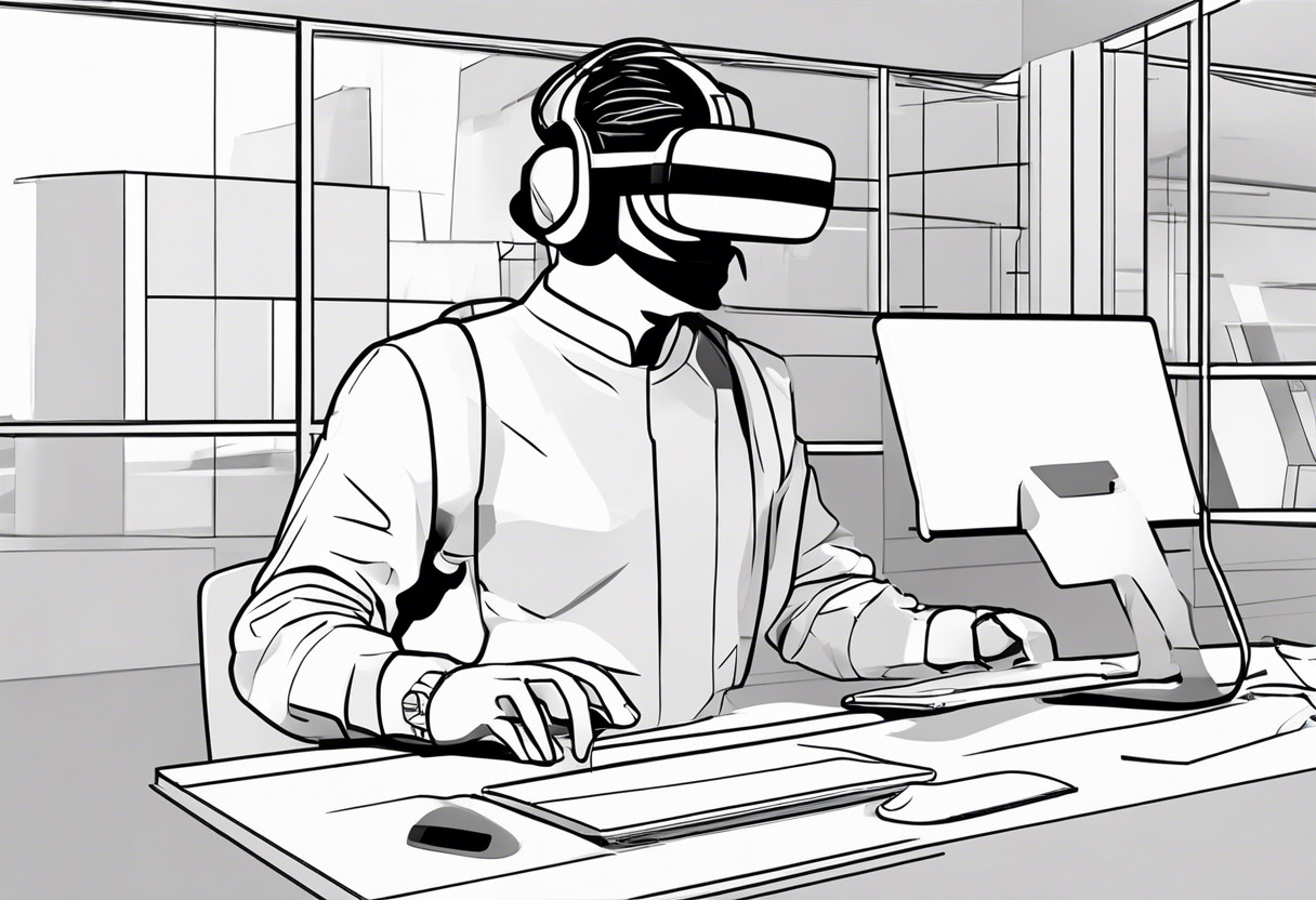An AR/VR developer using VR headset and immersive technology at an advanced workspace