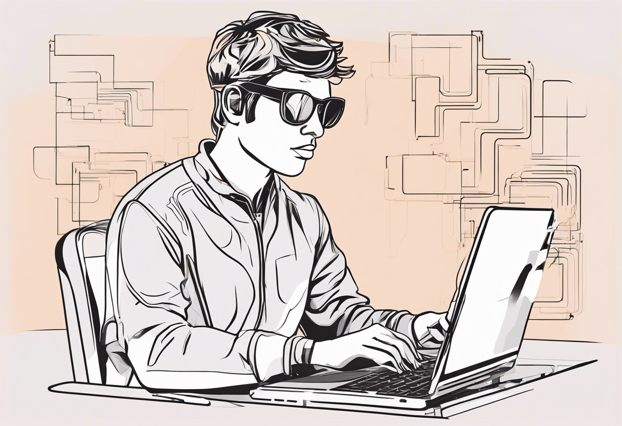 An immersed programmer, wearing AR glasses, fluidly alternating between various plateforms and coding languages