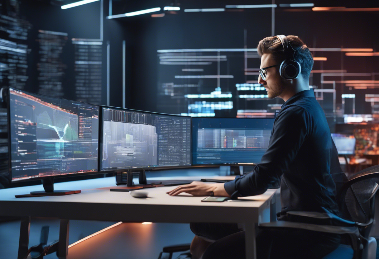 AR application developers at their workspace, immersed in coding, surrounded by multiple screens showing graphical visualizations.