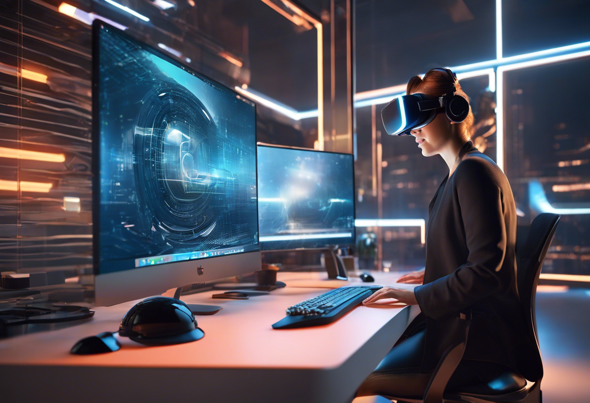 AR developer deeply immersed in a virtual reality world, using Vuforia on a computer in a futuristic workspace.