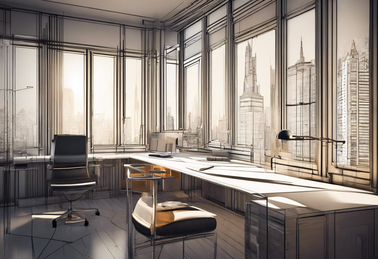 Architect crafting ultra-realistic render of an architectural marvel using Marmoset Toolbag. Screen flickers with intricate designs of buildings, basking in the soft glow of the desk lamp.