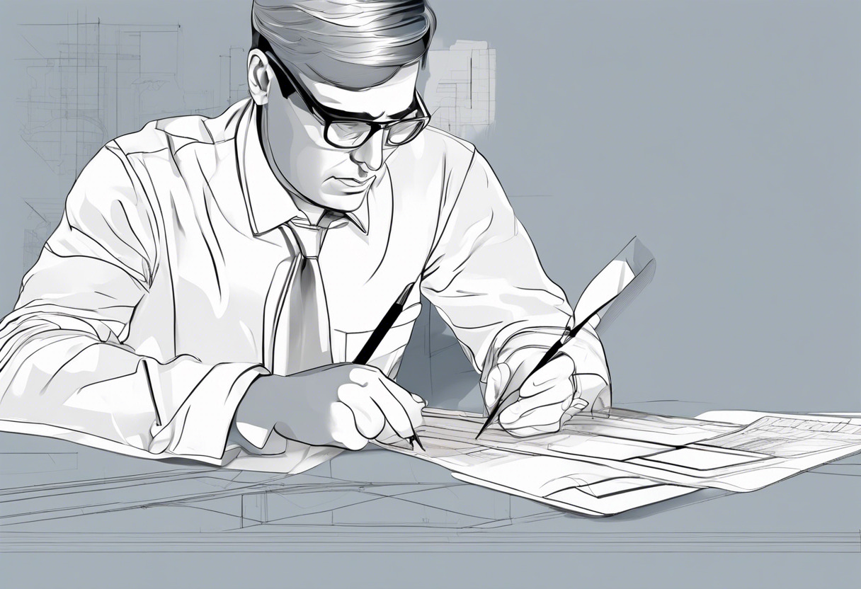 Architect in glasses with blueprints examining 3D model on Revit